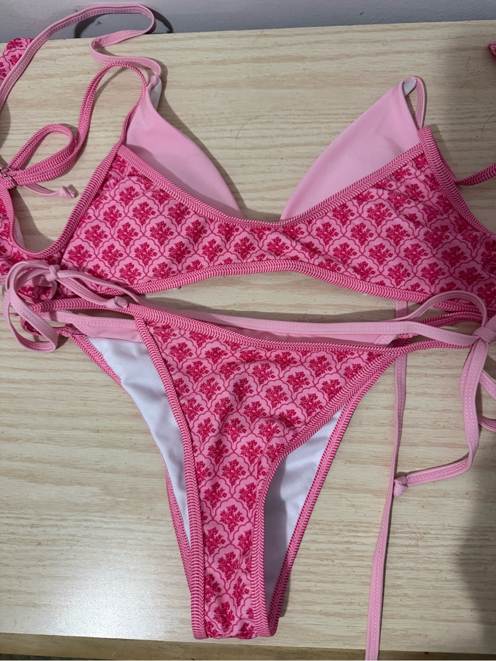 Pink Patterned Tie-Side Bikini Set - Women Swim